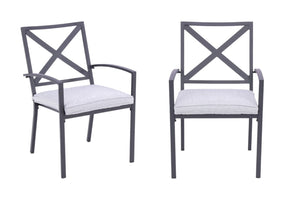 HomeRoots Set of Two Dark Gray Aluminum Stacking Dining Chairs with Light Gray Cushions for Outdoor Comfort 489550