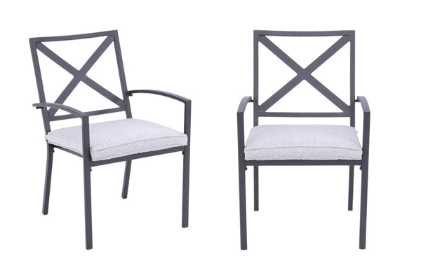 HomeRoots Set of Two Dark Gray Aluminum Stacking Dining Chairs with Light Gray Cushions for Outdoor Comfort 489550