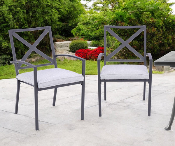 Homeroots Set Of Two Stylish Dark Gray Aluminum Stacking Dining Chairs With Light Gray Cushions For Outdoors  Aluminium 489550