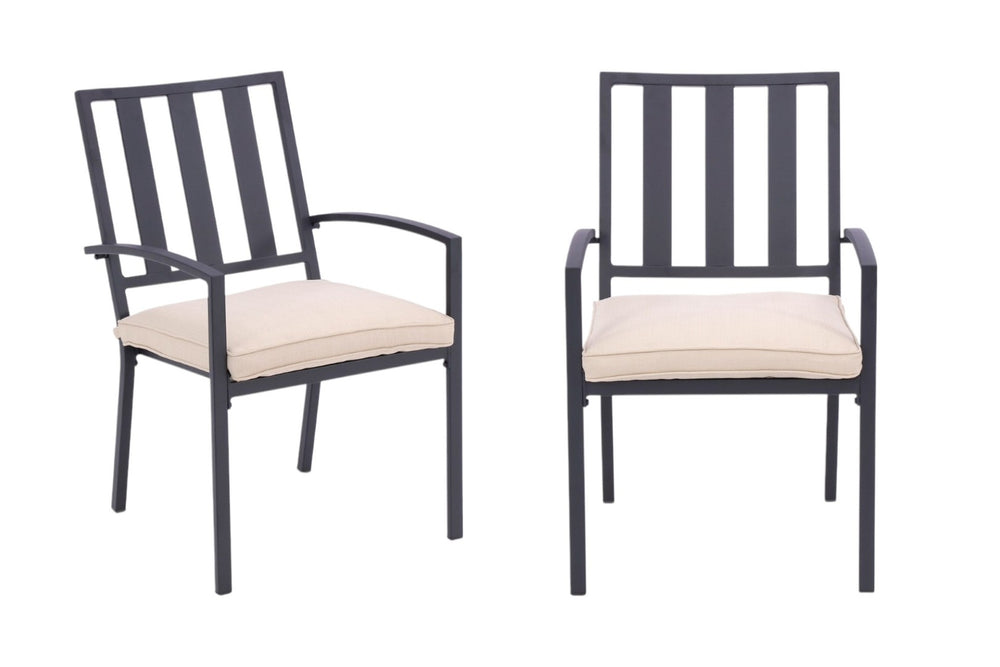 HomeRoots Set of Two Stacking Dark Gray Aluminum Outdoor Dining Chairs with Removable Beige Cushions 489552
