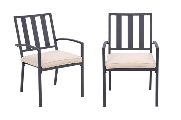 HomeRoots Set of Two Stacking Dark Gray Aluminum Outdoor Dining Chairs with Removable Beige Cushions 489552