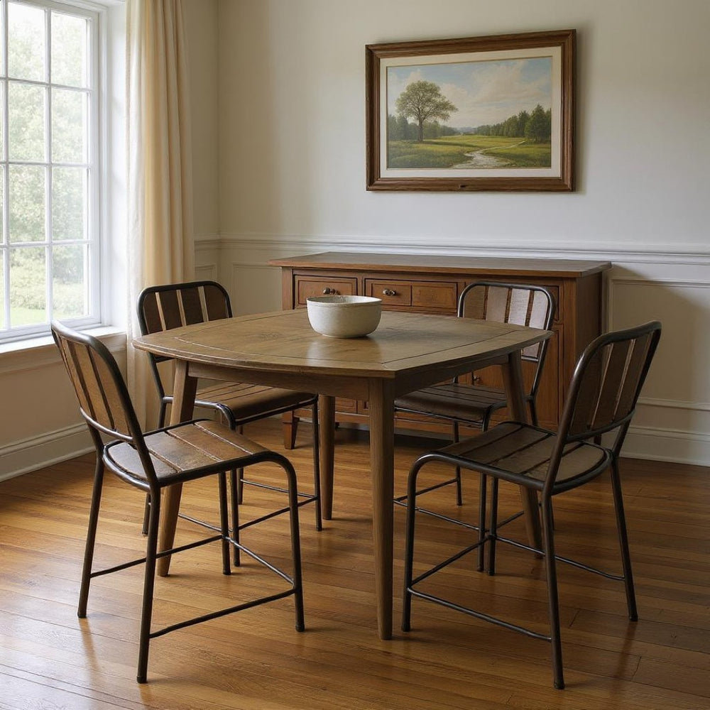 HomeRoots Five-Piece Solid Wood Dining Set with Slat-Back Chairs - Rustic Brown & Black Finish, Space-Saving! 489553