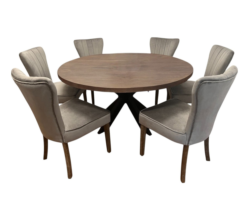 HomeRoots Seven Piece Gray and Black Round Solid Wood Dining Set with Upholstered Chairs for Stylish Gatherings 489554
