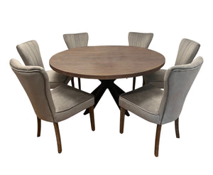 HomeRoots Seven Piece Gray and Black Round Solid Wood Dining Set with Upholstered Chairs for Stylish Gatherings 489554
