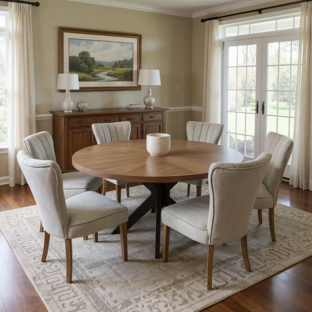 HomeRoots Seven Piece Gray and Black Round Solid Wood Dining Set with Upholstered Chairs for Stylish Gatherings 489554
