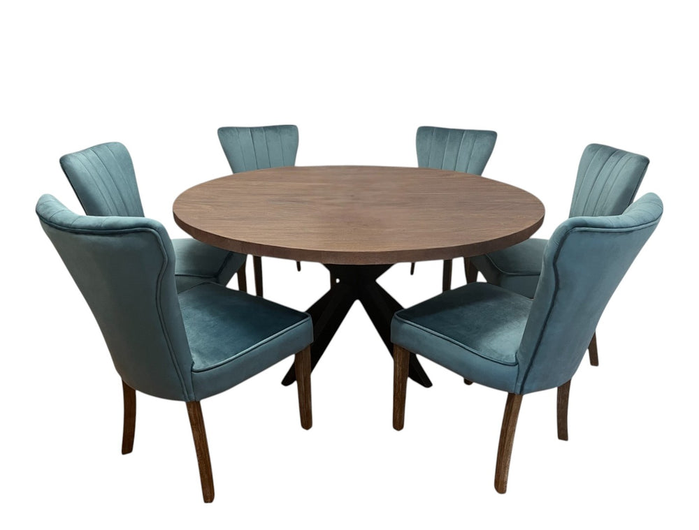 HomeRoots Seven-Piece Round Solid Wood Dining Set with Six Teal Upholstered Chairs for Rustic Charm & Comfort 489555