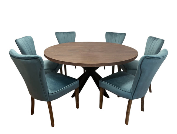 HomeRoots Seven-Piece Round Solid Wood Dining Set with Six Teal Upholstered Chairs for Rustic Charm & Comfort 489555