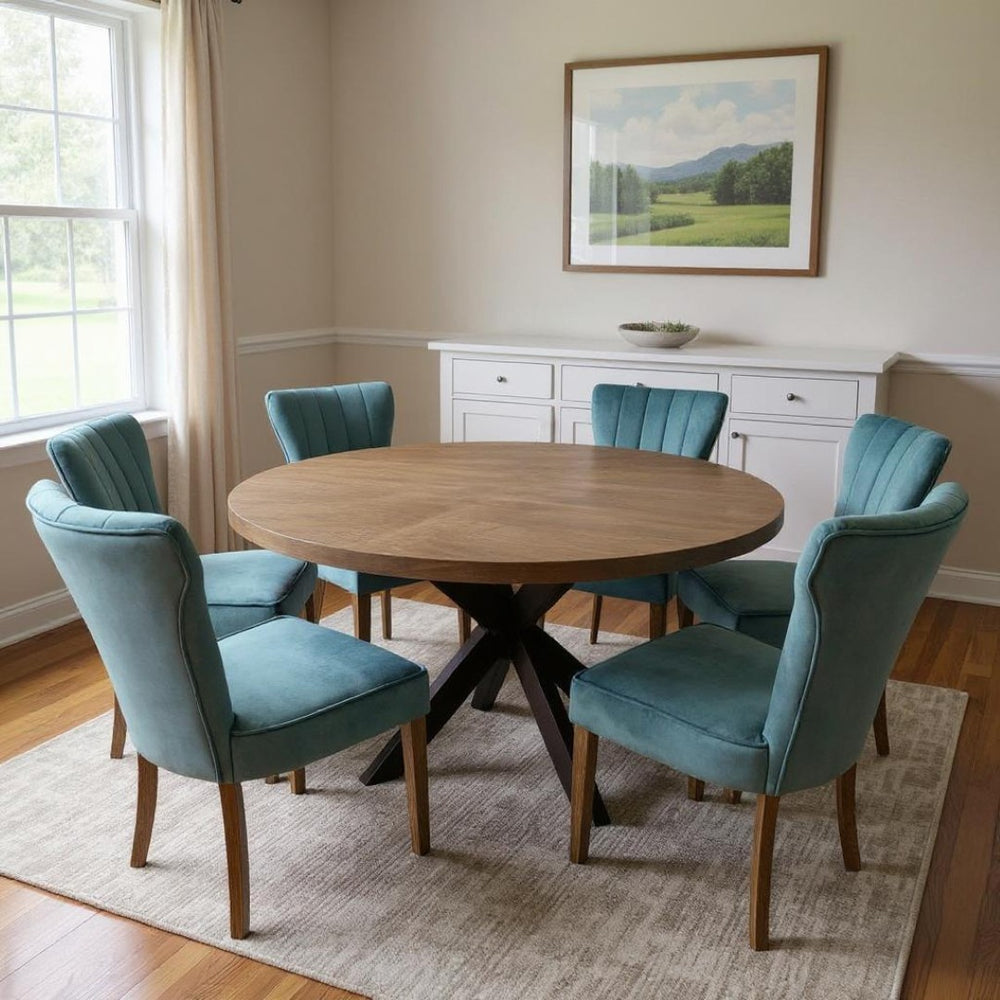HomeRoots Seven-Piece Round Solid Wood Dining Set with Six Teal Upholstered Chairs for Rustic Charm & Comfort 489555