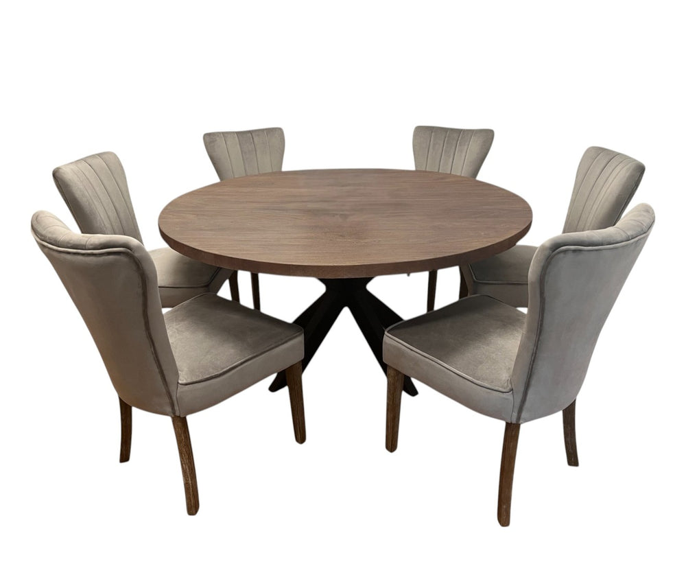 HomeRoots Seven Piece Round Solid Wood Dining Set with Distressed Gray Table & Six Upholstered Chairs 489556