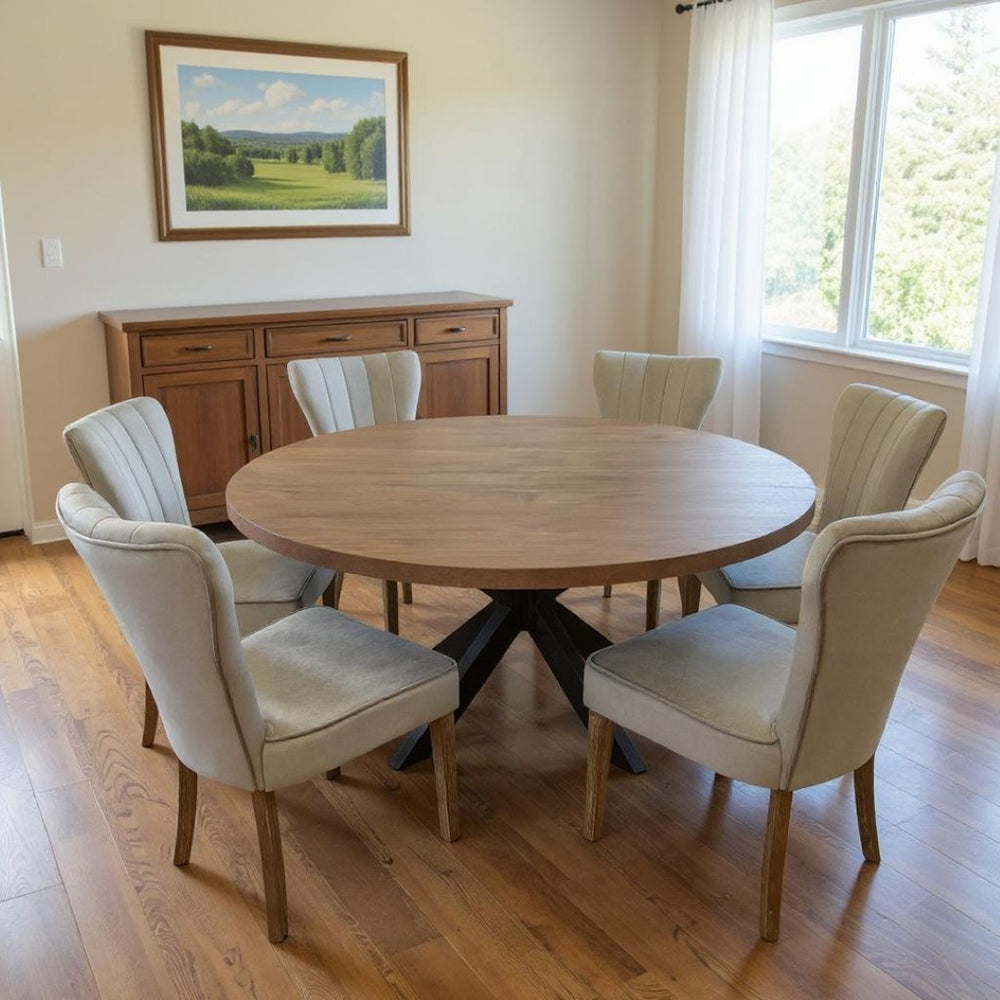 HomeRoots Seven Piece Round Solid Wood Dining Set with Distressed Gray Table & Six Upholstered Chairs 489556
