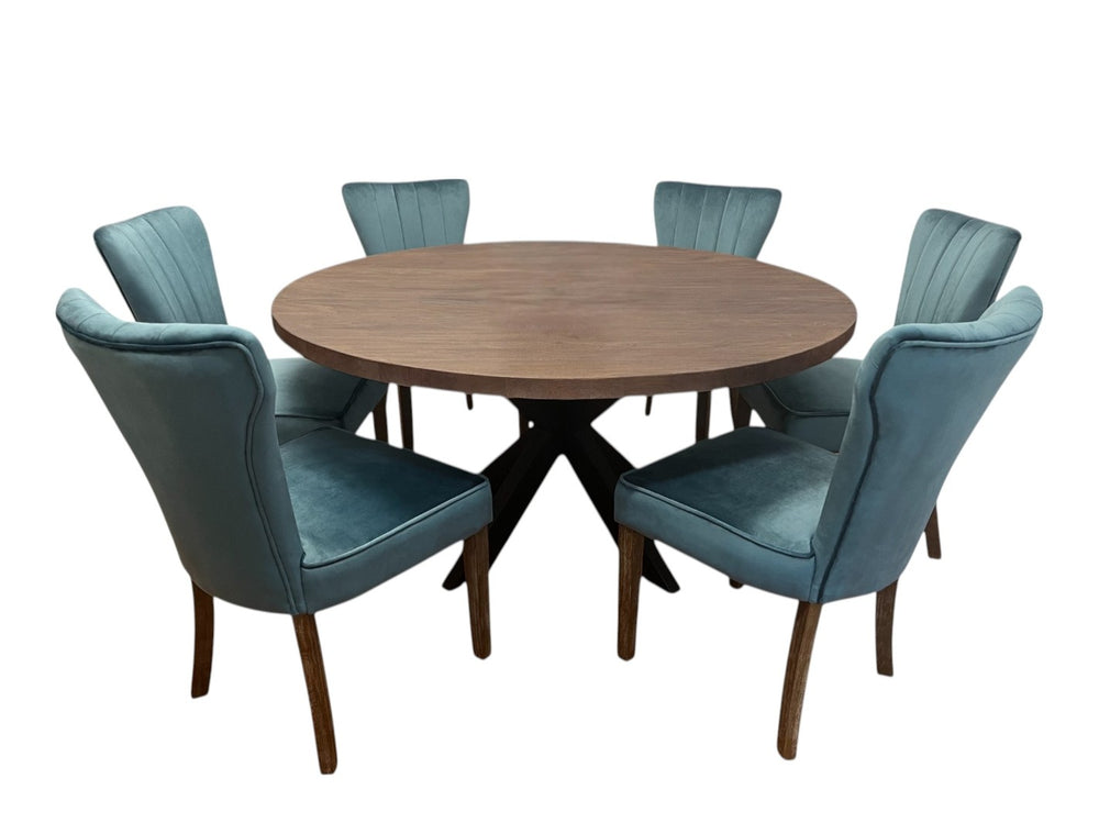 HomeRoots Seven Piece Gray and Black Round Dining Set - Solid Wood Table and Six Upholstered Chairs for Comfort 489557