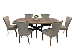HomeRoots Seven-Piece Gray and Black Solid Wood Dining Set with 6 Upholstered Velvet Chairs for Rustic Elegance 489558