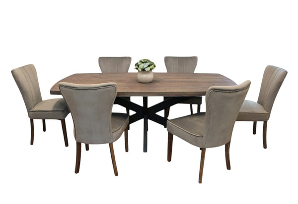 HomeRoots Seven-Piece Gray and Black Solid Wood Dining Set with 6 Upholstered Velvet Chairs for Rustic Elegance 489558