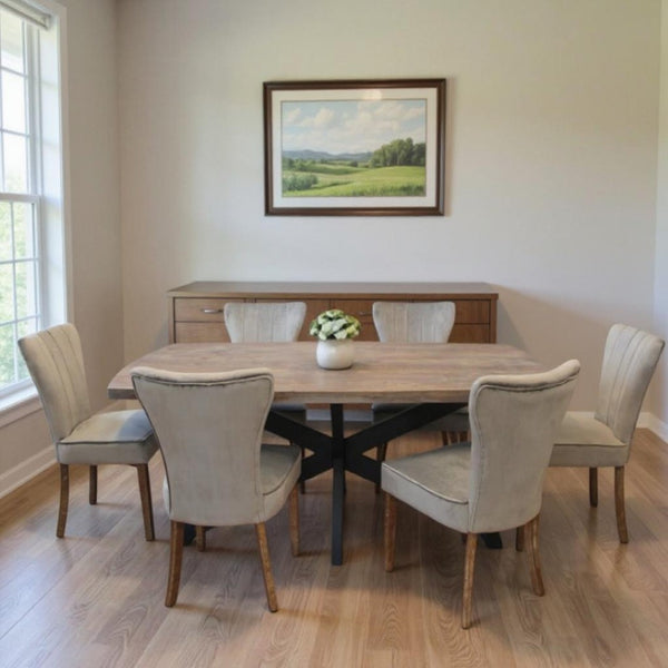 HomeRoots Seven-Piece Gray and Black Solid Wood Dining Set with 6 Upholstered Velvet Chairs for Rustic Elegance 489558