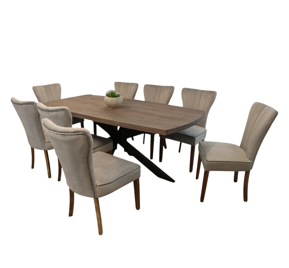HomeRoots Nine Piece Gray and Black Solid Wood Dining Set with 8 Upholstered Chairs for Stylish Gatherings 489559