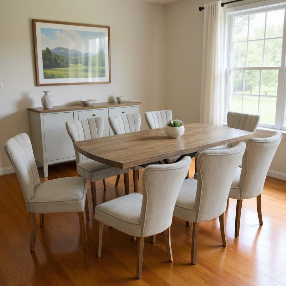 HomeRoots Nine Piece Gray and Black Solid Wood Dining Set with 8 Upholstered Chairs for Stylish Gatherings 489559
