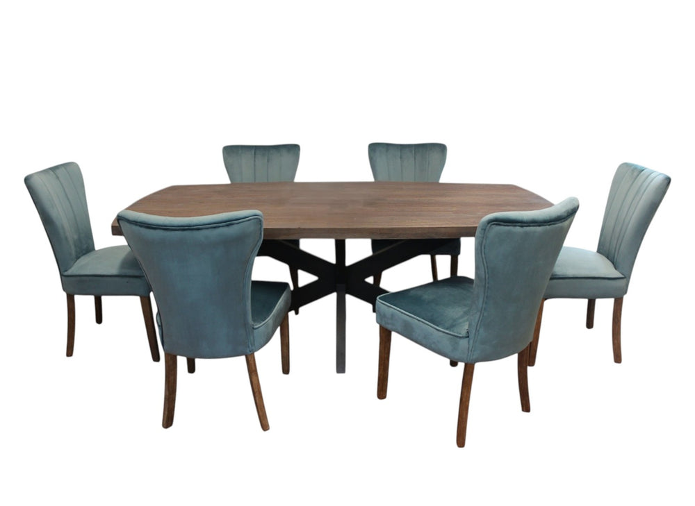 HomeRoots Seven Piece Solid Wood Dining Set in Distressed Gray with Six Upholstered Chairs for Modern Spaces 489560