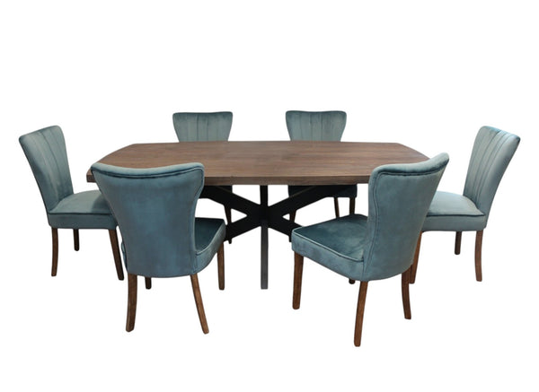 HomeRoots Seven Piece Solid Wood Dining Set in Distressed Gray with Six Upholstered Chairs for Modern Spaces 489560