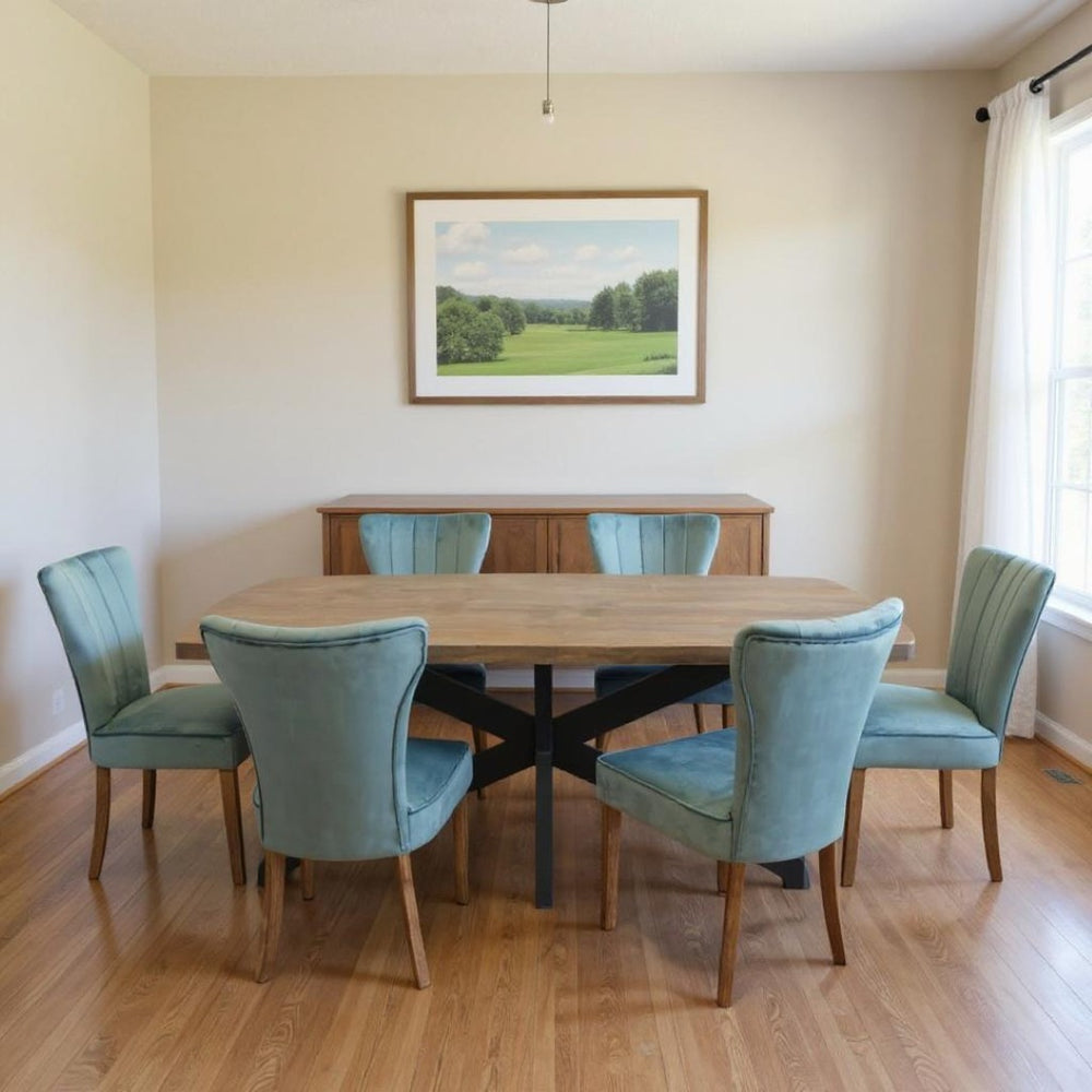 HomeRoots Seven Piece Solid Wood Dining Set in Distressed Gray with Six Upholstered Chairs for Modern Spaces 489560