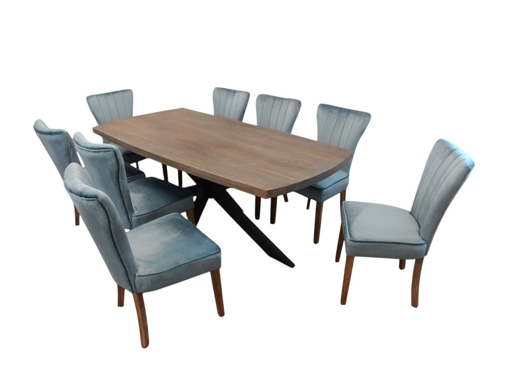 HomeRoots Nine Piece Solid Wood Dining Set in Distressed Gray with Eight Stylish Upholstered Chairs 489561