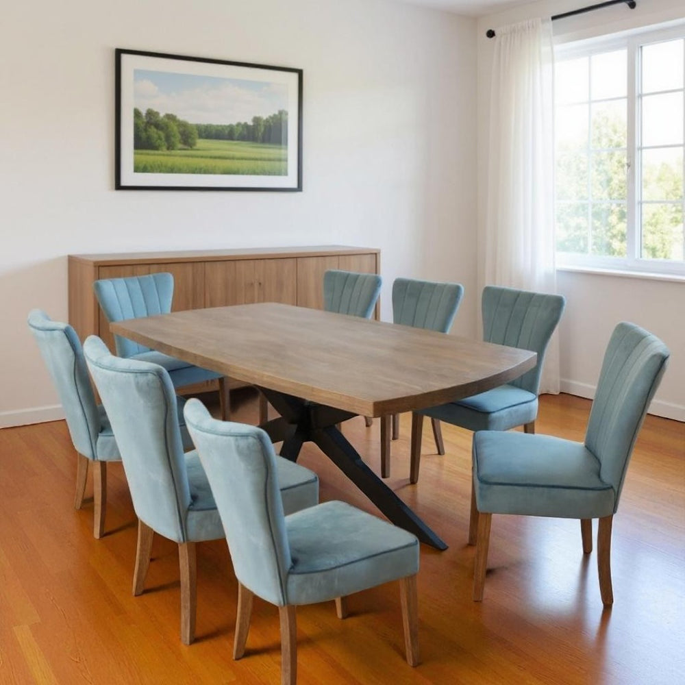 HomeRoots Nine Piece Solid Wood Dining Set in Distressed Gray with Eight Stylish Upholstered Chairs 489561