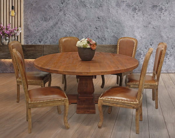 HomeRoots Seven Piece Round Solid Wood Dining Set with Six King Louis Chairs for Elegant Dining Spaces 489562