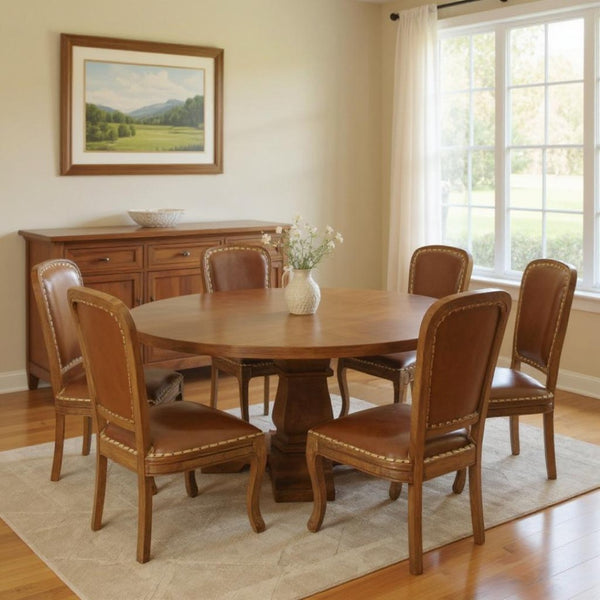 HomeRoots Seven Piece Round Solid Wood Dining Set with Six King Louis Chairs for Elegant Dining Spaces 489562