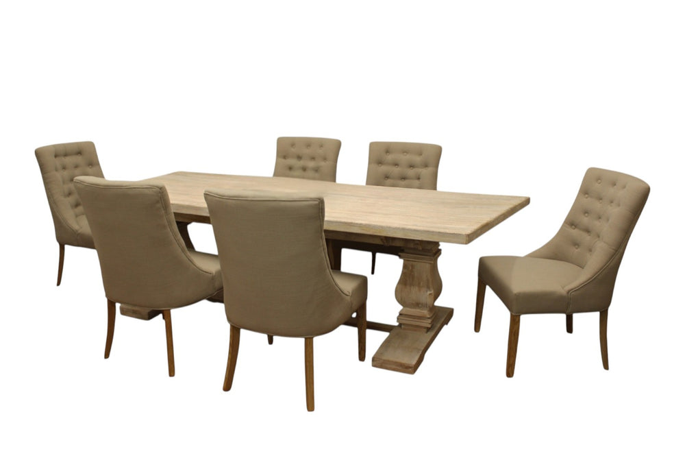 HomeRoots Seven-Piece White Solid Wood Dining Set with Six Upholstered Chairs for Stylish Family Gatherings 489563