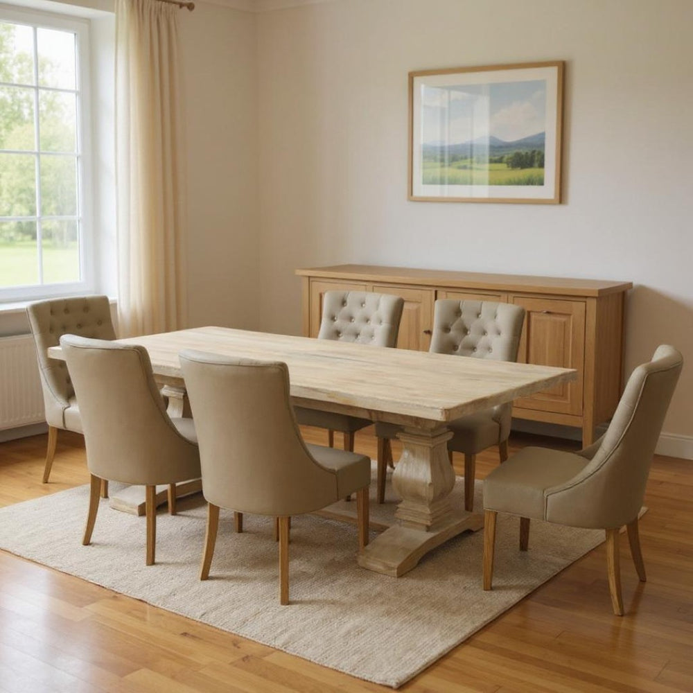 HomeRoots Seven-Piece White Solid Wood Dining Set with Six Upholstered Chairs for Stylish Family Gatherings 489563