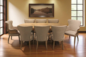 HomeRoots Nine Piece Natural Solid Wood Dining Set with 8 Upholstered Chairs for Rustic Comfort & Style 489566