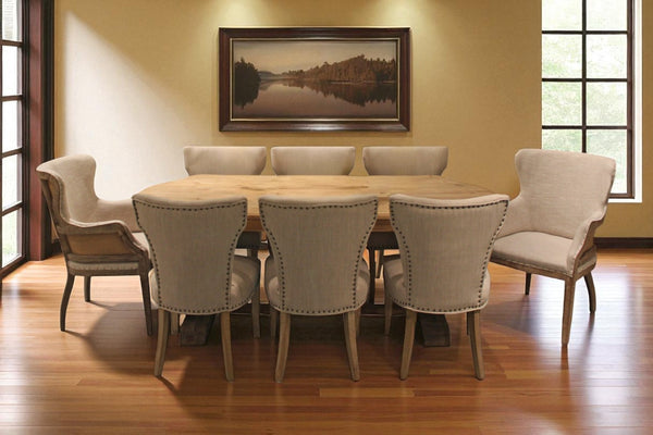 HomeRoots Nine Piece Natural Solid Wood Dining Set with 8 Upholstered Chairs for Rustic Comfort & Style 489566