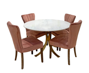 HomeRoots Five Piece Ivory and Gold Round Marble Dining Set – Elegant Table and Four Plush Chairs for Modern Homes 489567