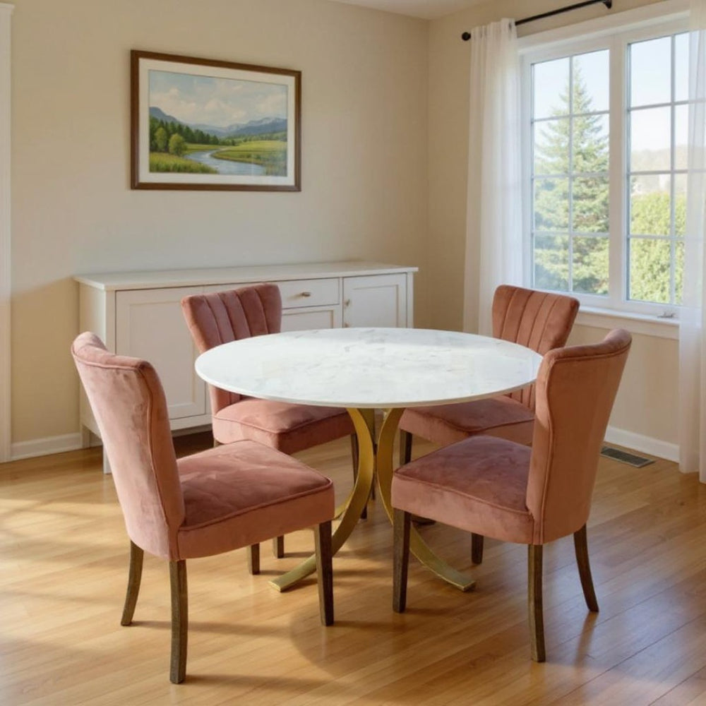 HomeRoots Five Piece Ivory and Gold Round Marble Dining Set – Elegant Table and Four Plush Chairs for Modern Homes 489567