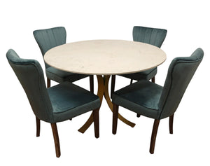 HomeRoots Five-Piece Ivory Marble Dining Set with Gold Base & Upholstered Chairs for Elegant Dining Experiences 489568