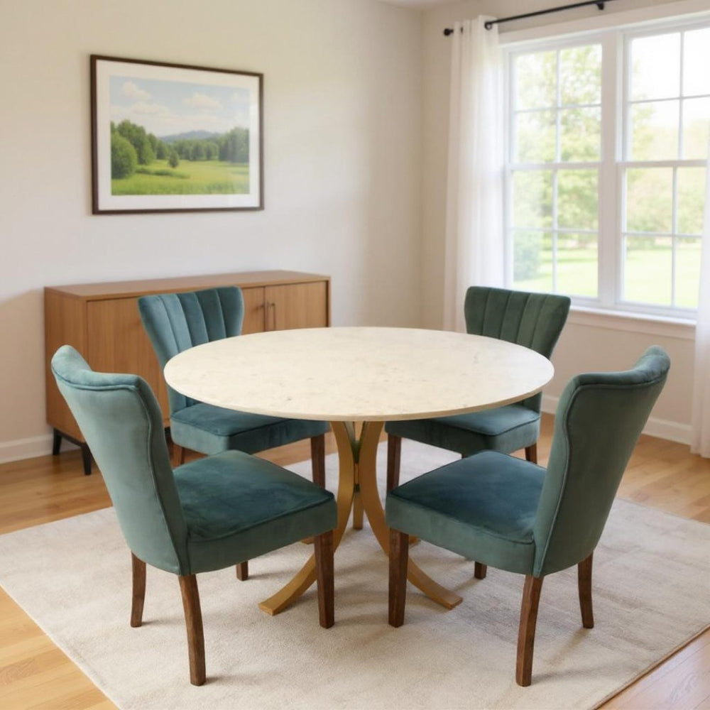 HomeRoots Five-Piece Ivory Marble Dining Set with Gold Base & Upholstered Chairs for Elegant Dining Experiences 489568