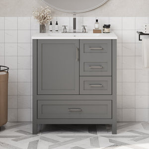 English Elm 30" Gray Bathroom Vanity with Ceramic Sink, Solid Wood Frame, Soft-Close Door & 3 Drawers for Organized Style N729P177787E