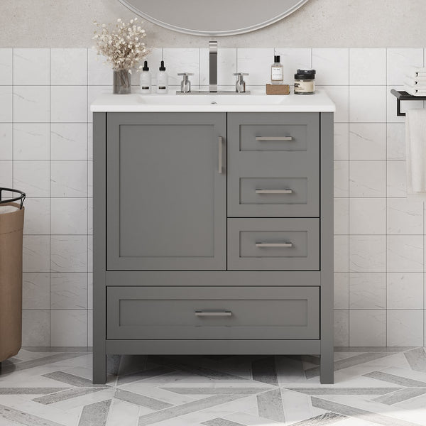 English Elm 30" Gray Bathroom Vanity with Ceramic Sink, Solid Wood Frame, Soft-Close Door & 3 Drawers for Organized Style N729P177787E