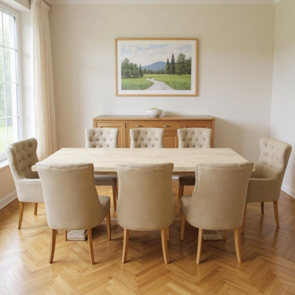 HomeRoots Nine-Piece White Solid Wood Dining Set with 8 Upholstered Chairs - Rustic Charm & Expandable Design! 489575