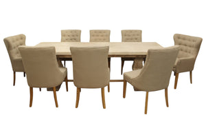 HomeRoots Nine-Piece White Solid Wood Dining Set with 8 Upholstered Chairs - Rustic Charm & Expandable Design! 489575