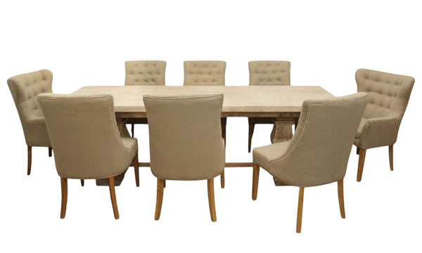 HomeRoots Nine-Piece White Solid Wood Dining Set with 8 Upholstered Chairs - Rustic Charm & Expandable Design! 489575