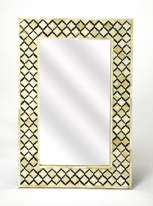 Homeroots 24" Ivory And Black Quatrefoil Bone Inlay Framed Wall Mirror  Bone Inlay 489584