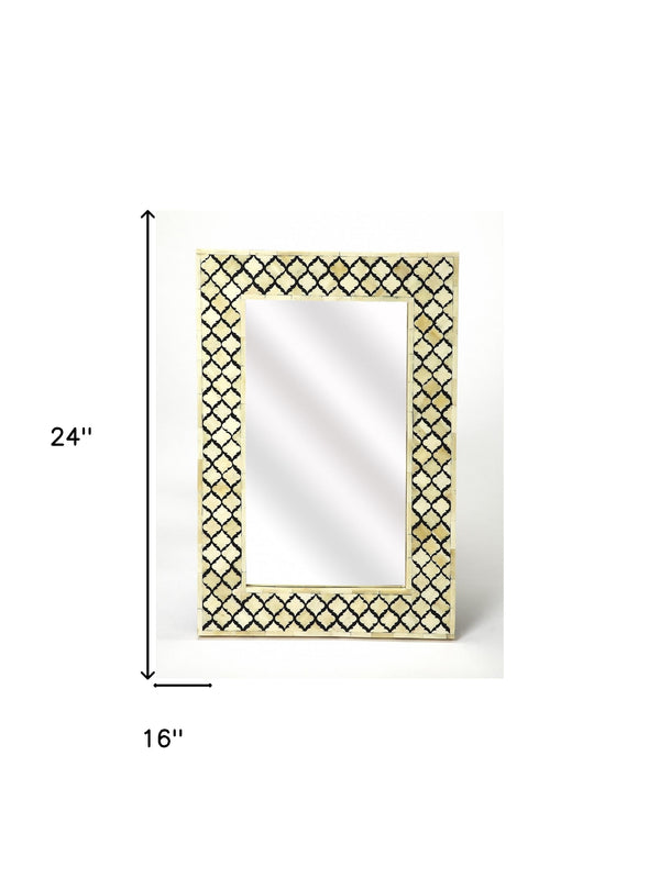 Homeroots 24" Ivory And Black Quatrefoil Bone Inlay Framed Wall Mirror  Bone Inlay 489584