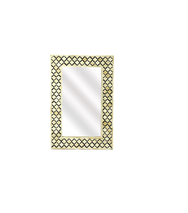 Homeroots 24" Ivory And Black Quatrefoil Bone Inlay Framed Wall Mirror  Bone Inlay 489584