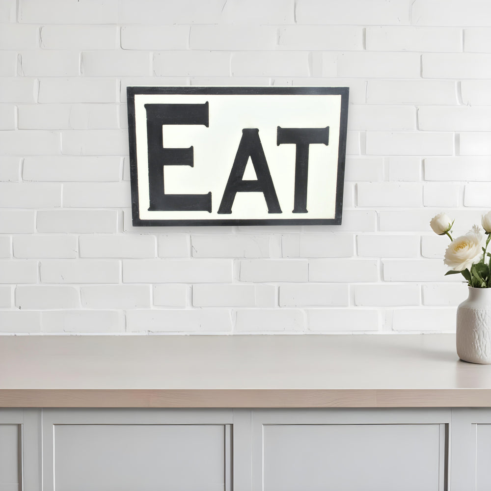 Homeroots 16" X 24" White And Black Eat Wood Wall Decor  Wood 489591