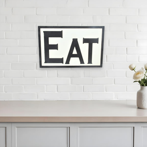 Homeroots 16" X 24" White And Black Eat Wood Wall Decor  Wood 489591