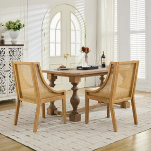 English Elm Rattan Solid Wood Dining Chair with Linen Seat and Decorative Armrests, Rustic Natural Finish Beige W1143P335052