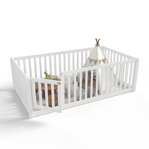 English Elm Twin Floor Bed Pine Wood Frame with Guardrails and Door for Safe Toddler Sleep W1580P417668