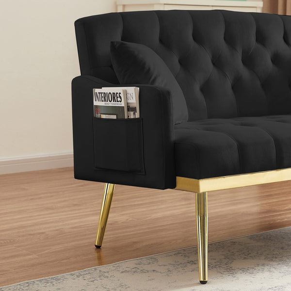 English Elm BLACK Velvet 2-Seater Sofa with Gold Metal Legs, Foam Cushioning, Solid Wood Frame, Compact Chic W588P300280