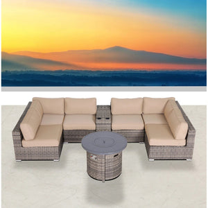 English Elm Fully Assembled 8-Piece Modular Patio Sectional Set With Fire Pit & Weather-Resistant Cushions B120S00153