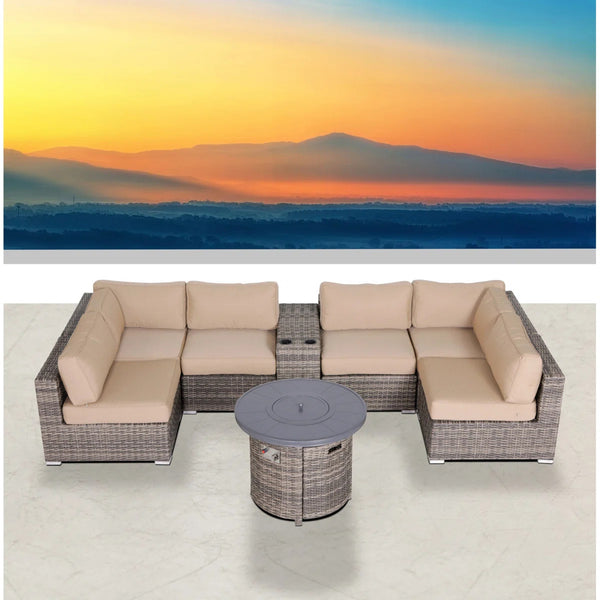 English Elm Fully Assembled 8-Piece Modular Patio Sectional Set With Fire Pit & Weather-Resistant Cushions B120S00153